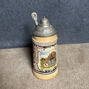 Vintage German Beer Stein Hillside Scene With Hinged Lid From Germany